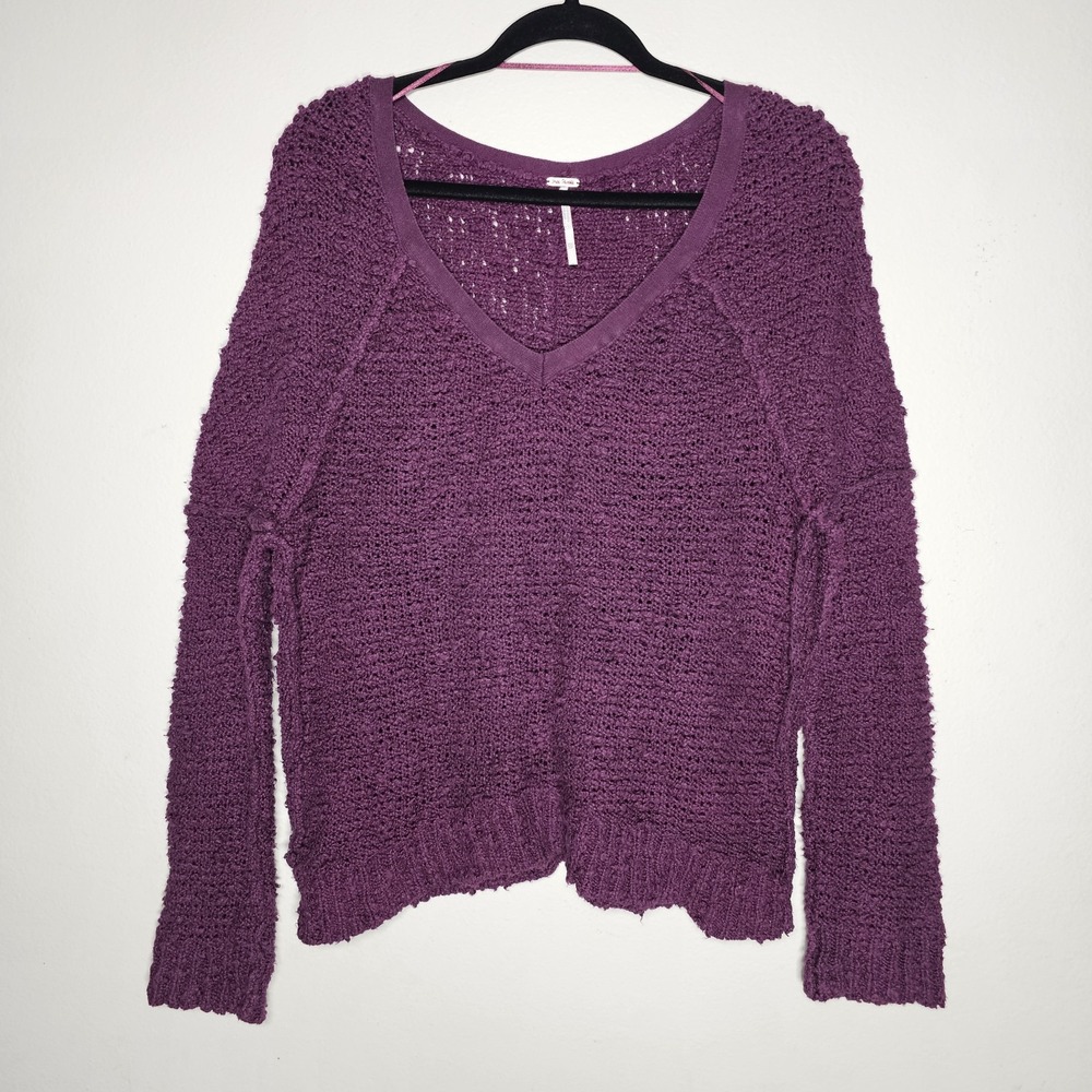 Free People Womens XS Purple V-neck Open Chunky Knit Sweater Boho Oversized